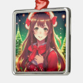赤いクリスマスに美しいアニメの少女 メタルオーナメント (左)