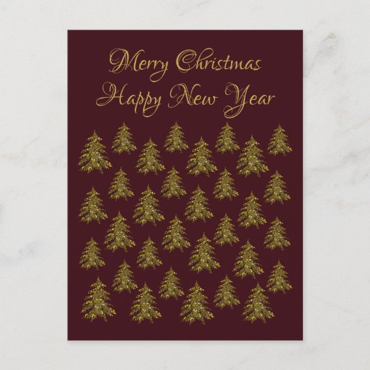 赤いクリスマスに輝く金ゴールドクリスマスツリー シーズンポストカード (正面)