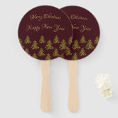 赤いクリスマスに輝く金ゴールドクリスマスツリー ハンドファン (正面&裏面)