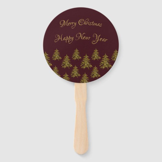 赤いクリスマスに輝く金ゴールドクリスマスツリー ハンドファン (正面)