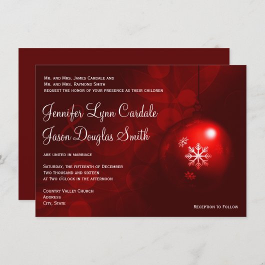 赤いクリスマスのオーナメントの休日の結婚式招待状 招待状 (正面/裏面)