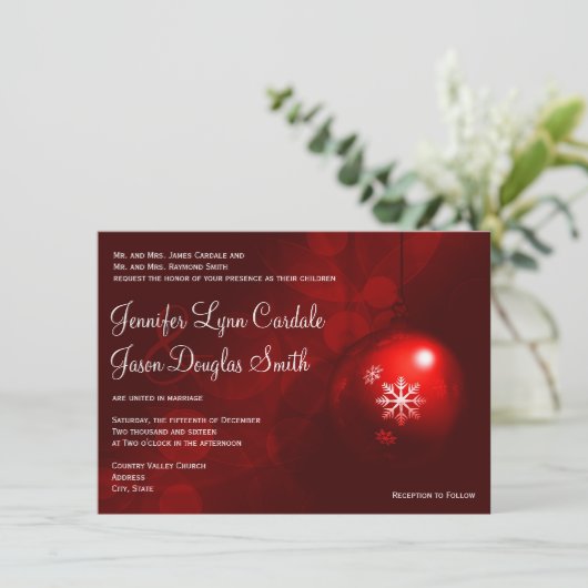 赤いクリスマスのオーナメントの休日の結婚式招待状 招待状 (スタンド正面)