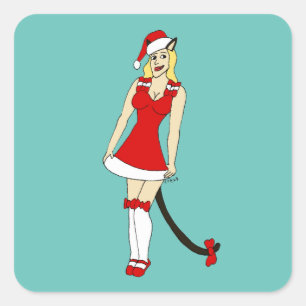 赤いクリスマスのキャットガール スクエアシール
