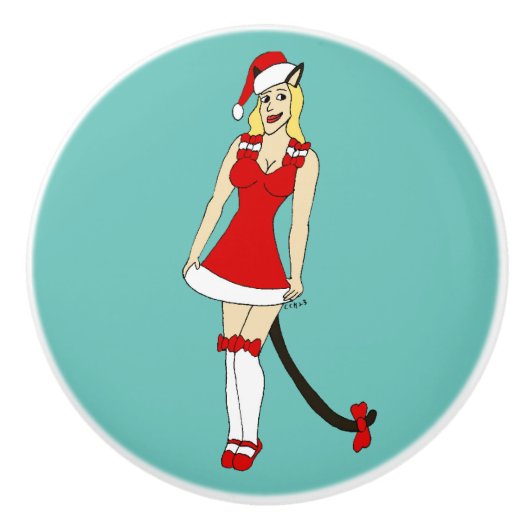 赤いクリスマスのキャットガール セラミックノブ (正面)