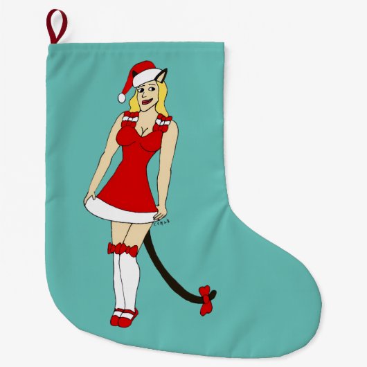 赤いクリスマスのキャットガール ラージクリスマスストッキング (正面)