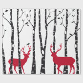 赤いクリスマスのシカおよび鳥が付いている樺の木 ラッピングペーパー (フラット)