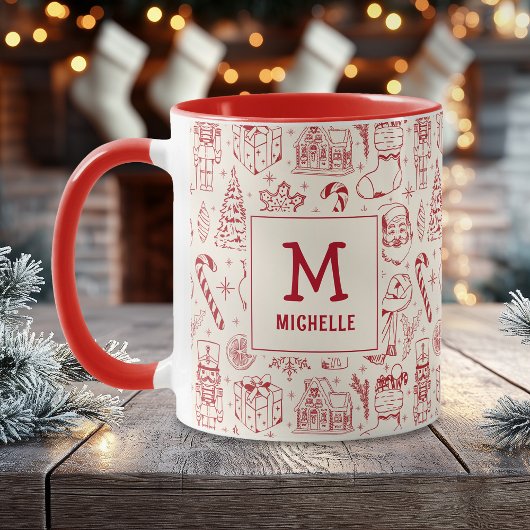赤いクリスマスのドゥードルモノグラムと名前 マグカップ