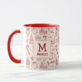 赤いクリスマスのドゥードルモノグラムと名前 マグカップ (左)