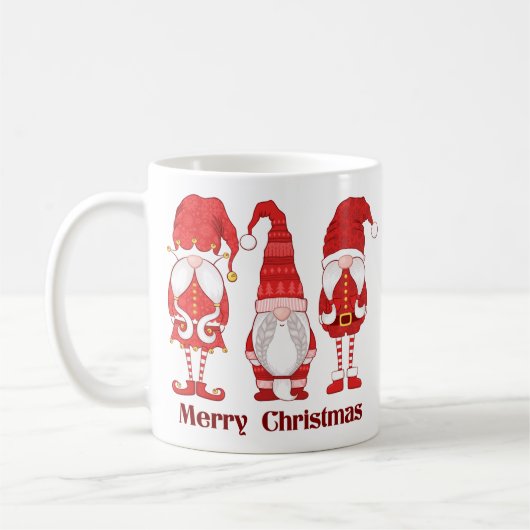 赤いクリスマスのノーム3体 メリークリスマス コーヒーマグカップ (左)