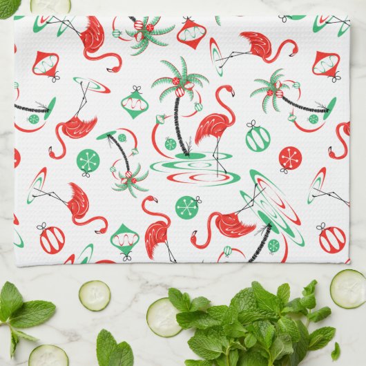 赤いクリスマスのフラミンゴの数々のな台所タオル キッチンタオル (折り畳み)