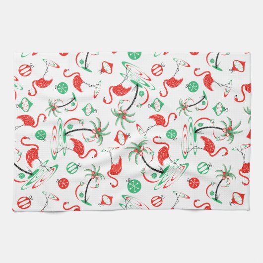 赤いクリスマスのフラミンゴの数々のな台所タオル キッチンタオル (横)