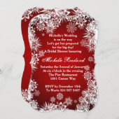 赤いクリスマスのブライダルシャワーの白い雪片 招待状 (正面/裏面)
