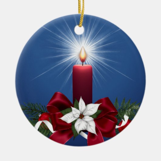 赤いクリスマスの休日の蝋燭 セラミックオーナメント (正面)