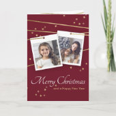 赤いクリスマスの写真のあいさつ金ゴールドの幾何線 招待状 (正面)