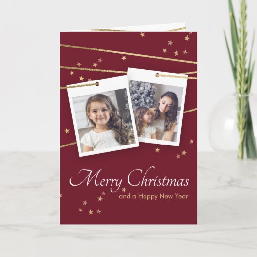 赤いクリスマスの写真のあいさつ金ゴールドの幾何線 招待状 (正面)