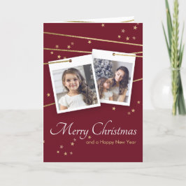 赤いクリスマスの写真のあいさつ金ゴールドの幾何線 招待状