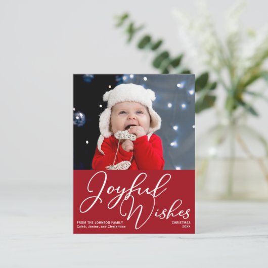 赤いクリスマスの喜びの願いフェスティバルフォトホリデー ポストカード (スタンド正面)