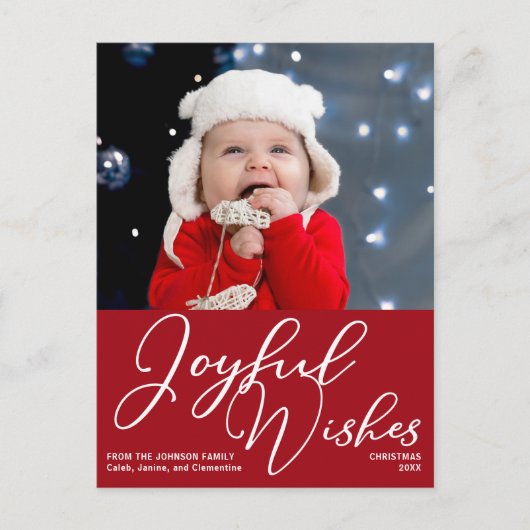 赤いクリスマスの喜びの願いフェスティバルフォトホリデー ポストカード (正面)