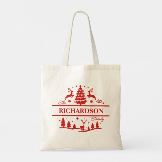 赤いクリスマスの家族の名前 |モノグラム名前をカスタムする トートバッグ (裏面)