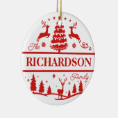 赤いクリスマスの家族の名前 |モノグラム |名前をカスタムする セラミックオーナメント (右)