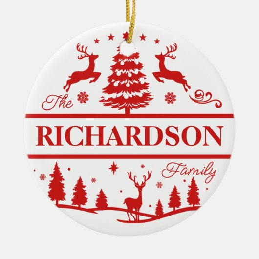 赤いクリスマスの家族の名前 |モノグラム |名前をカスタムする セラミックオーナメント (正面)