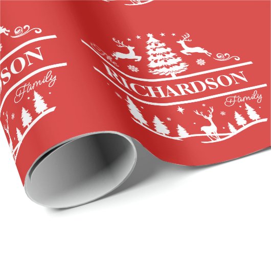 赤いクリスマスの家族の名前 |名パーソナライズされた前 ラッピングペーパー (ロールコーナー)