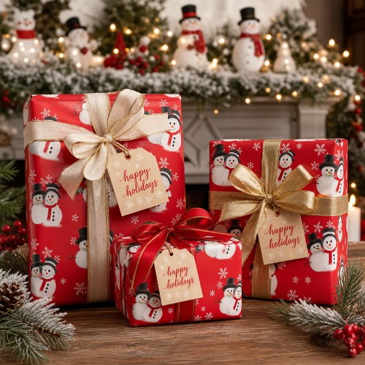 赤いクリスマスの工芸品の雪だるままたは ラッピングペーパー