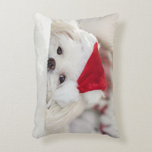 赤いクリスマスの帽子をかぶったかわいい白犬 アクセントクッション (正面(垂直))