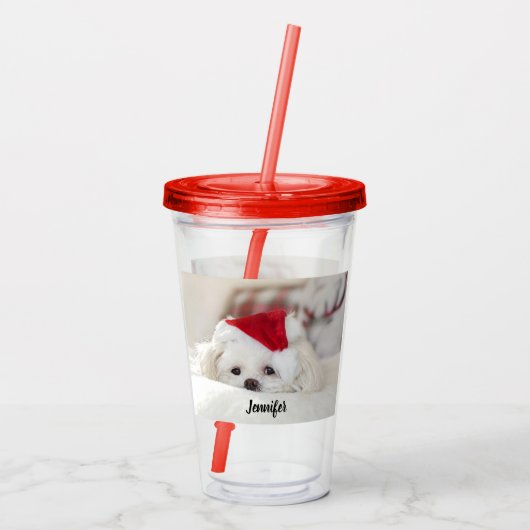 赤いクリスマスの帽子をかぶったかわいい白犬 アクリルタンブラー (裏面)