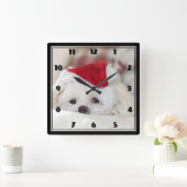 赤いクリスマスの帽子をかぶったかわいい白犬 スクエア壁時計 (ホーム)
