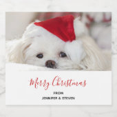 赤いクリスマスの帽子をかぶったかわいい白犬 ビールラベル (シングルラベル)