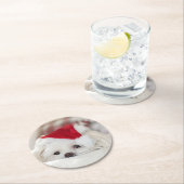 赤いクリスマスの帽子をかぶったかわいい白犬 ラウンドペーパーコースター (インサイチュ)