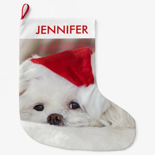 赤いクリスマスの帽子をかぶったかわいい白犬 ラージクリスマスストッキング (正面)