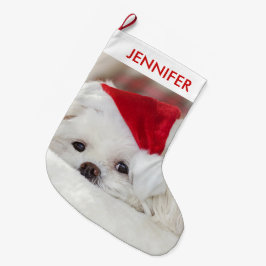 赤いクリスマスの帽子をかぶったかわいい白犬 ラージクリスマスストッキング