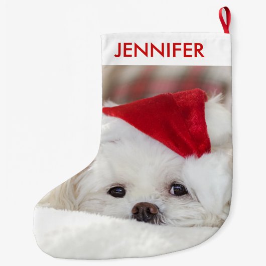 赤いクリスマスの帽子をかぶったかわいい白犬 ラージクリスマスストッキング (裏面)