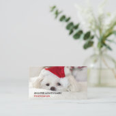 赤いクリスマスの帽子をかぶったかわいい白犬 名刺 (スタンド正面)