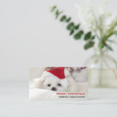 赤いクリスマスの帽子をかぶったかわいい白犬 名刺 (スタンド正面)