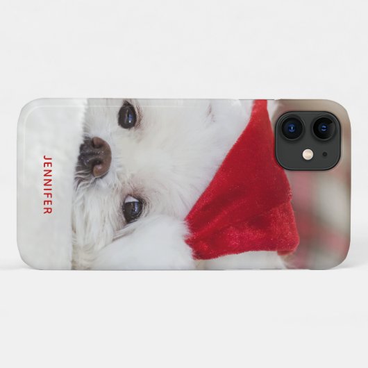 赤いクリスマスの帽子をかぶったかわいい白犬 Case-Mate iPhoneケース (裏面(横))
