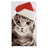赤いクリスマスの帽子を身に着けている国内虎猫猫 スモールペーパーバッグ (裏面)