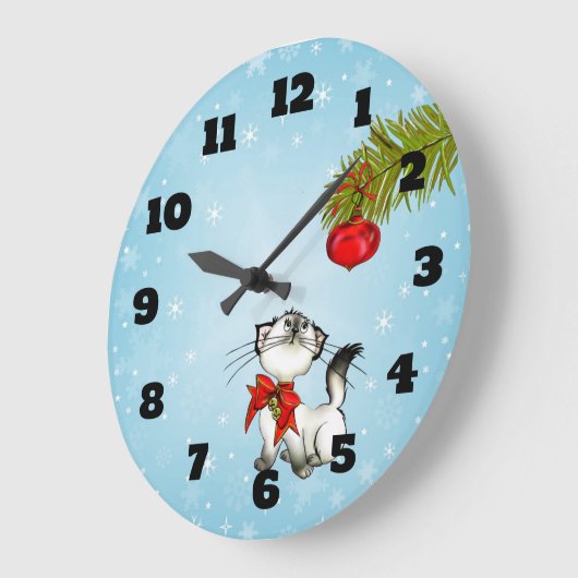 赤いクリスマスの弓の好奇心が強い子猫猫 ラージ壁時計 (傾斜)