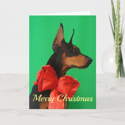 赤いクリスマスの弓を持つドーベルマン犬Potrait カード (正面)