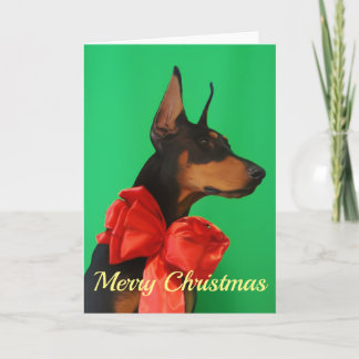 赤いクリスマスの弓を持つドーベルマン犬Potrait カード
