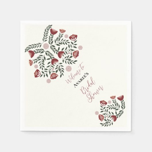 赤いクリスマスの民俗アートの花 スタンダードカクテルナプキン (正面)