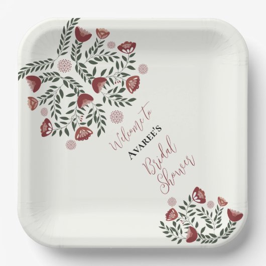 赤いクリスマスの民俗アートの花 ペーパープレート (正面)