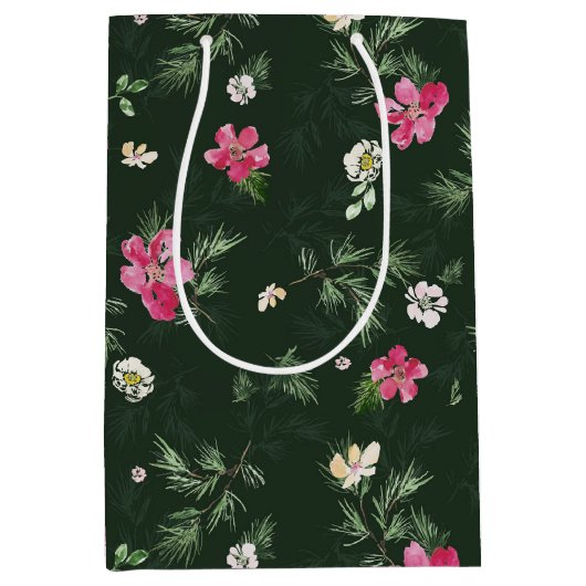 赤いクリスマスの水の色パターン ミディアムペーパーバッグ (正面)