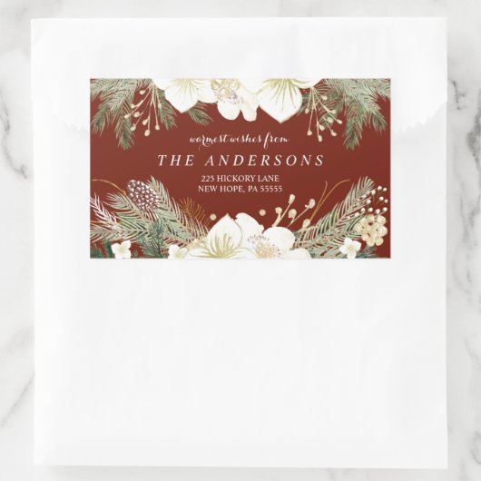 赤いクリスマスの水彩画の群葉の差出人住所 長方形シール (バッグ)