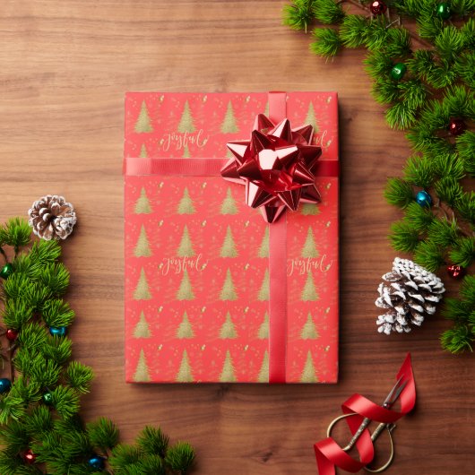 赤いクリスマスの背景に金色のJOYFUL ラッピングペーパー (クリスマスギフト)
