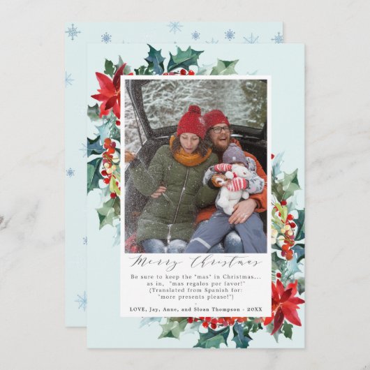 赤いクリスマスの花おもしろいのメッセージ写真 シーズンカード (正面/裏面)