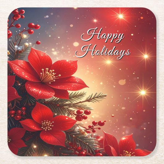 赤いクリスマスの花のホリデー紙コースター スクエアペーパーコースター (正面)
