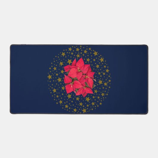 赤いクリスマスの花、輝く金ゴールドが青で星 デスクマット (正面)